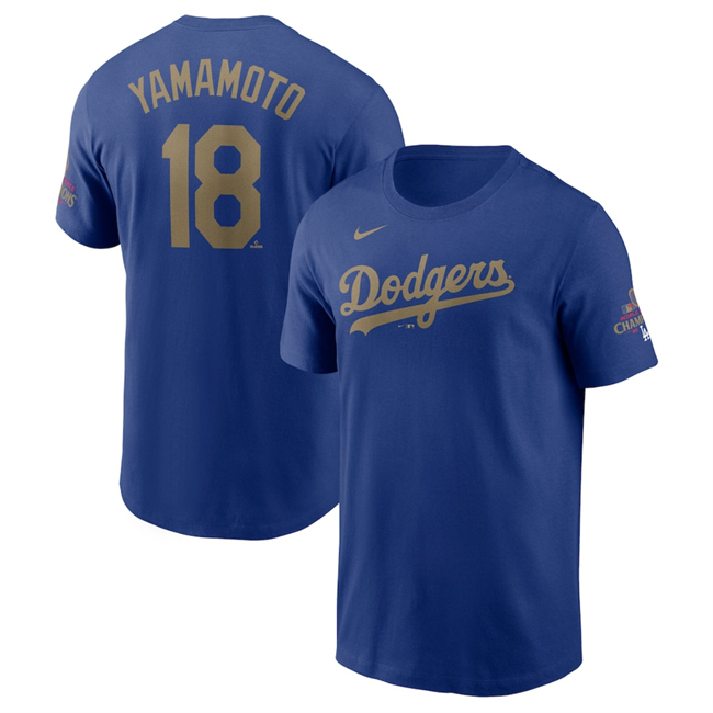 Men's Royal Los Angeles Dodgers #18 Yoshinobu Yamamoto 2025 Gold Collection Name & Number T-Shirt